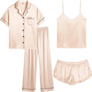 SWOMOG Women’s Plus Size Pajamas Silk Satin Pajama Set Short Sleeve Shirt with Full-Length Pants Pjs Sleepwear Set 18W-26W(4pcs-champagne)