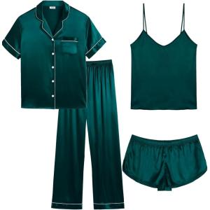 SWOMOG Women’s Plus Size Pajamas Silk Satin Pajama Set Short Sleeve Shirt with Full-Length Pants Pjs Sleepwear Set 18W-26W(4pcs-dark Green)