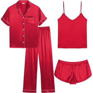 SWOMOG Women’s Plus Size Pajamas Silk Satin Pajama Set Short Sleeve Shirt with Full-Length Pants Pjs Sleepwear Set 18W-26W(4pcs-deep Red)