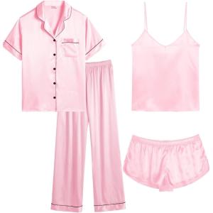SWOMOG Women’s Plus Size Pajamas Silk Satin Pajama Set Short Sleeve Shirt with Full-Length Pants Pjs Sleepwear Set 18W-26W(4pcs-pink)