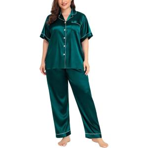SWOMOG Women’s Plus Size Pajamas Silk Satin Pajama Set Short Sleeve Shirt with Full-Length Pants Pjs Sleepwear Set 18W-26W(Dark Green)