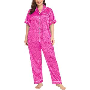 SWOMOG Women’s Plus Size Pajamas Silk Satin Pajama Set Short Sleeve Shirt with Full-Length Pants Pjs Sleepwear Set 18W-26W(Hot Pink Leopard)