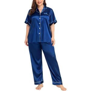SWOMOG Women’s Plus Size Pajamas Silk Satin Pajama Set Short Sleeve Shirt with Full-Length Pants Pjs Sleepwear Set 18W-26W(Navy Blue)