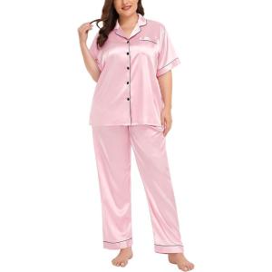 SWOMOG Women’s Plus Size Pajamas Silk Satin Pajama Set Short Sleeve Shirt with Full-Length Pants Pjs Sleepwear Set 18W-26W(Pink)