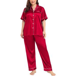 SWOMOG Women’s Plus Size Pajamas Silk Satin Pajama Set Short Sleeve Shirt with Full-Length Pants Pjs Sleepwear Set 18W-26W(Red)