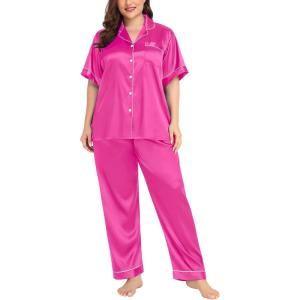 SWOMOG Women’s Plus Size Pajamas Silk Satin Pajama Set Short Sleeve Shirt with Full-Length Pants Pjs Sleepwear Set 18W-26W(Rose Red)