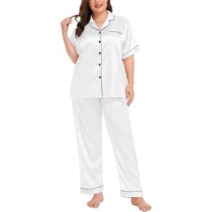 SWOMOG Women’s Plus Size Pajamas Silk Satin Pajama Set Short Sleeve Shirt with Full-Length Pants Pjs Sleepwear Set 18W-26W(White)