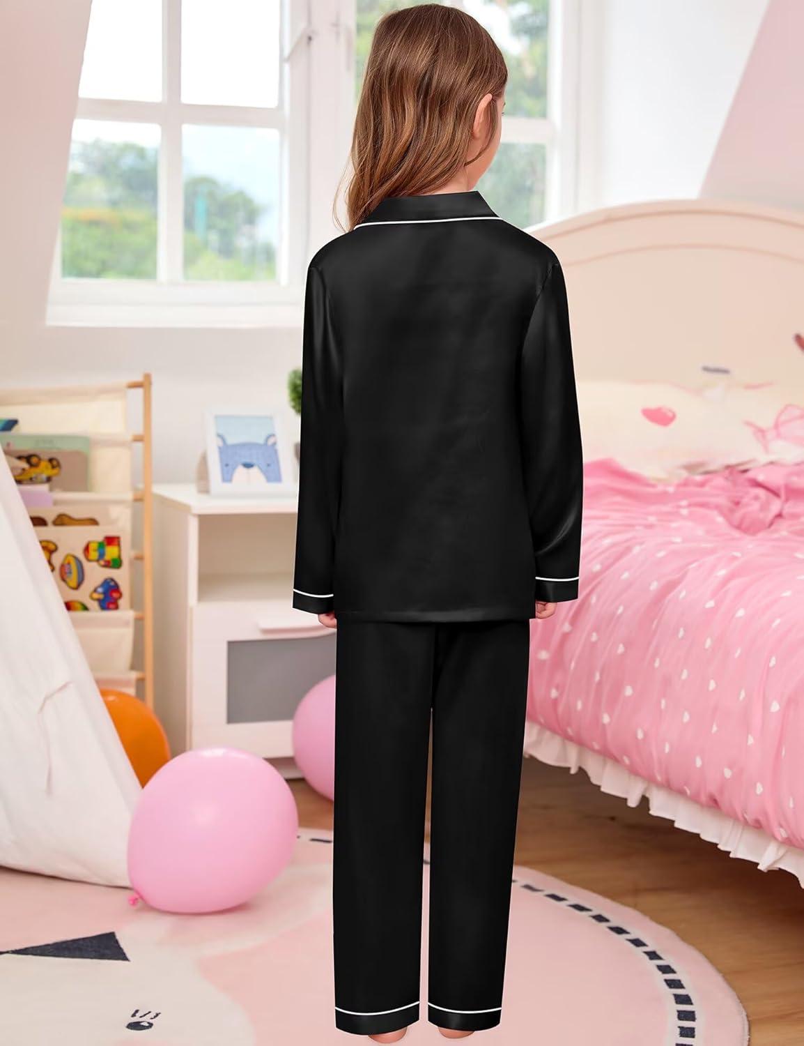 imageSWOMOG 4 pcs Kids Girls Satin Pajamas Set Silk ButtonDown PJs Sets Soft Lounge Sets Long Sleeve Sleepwear4 Pcsblack