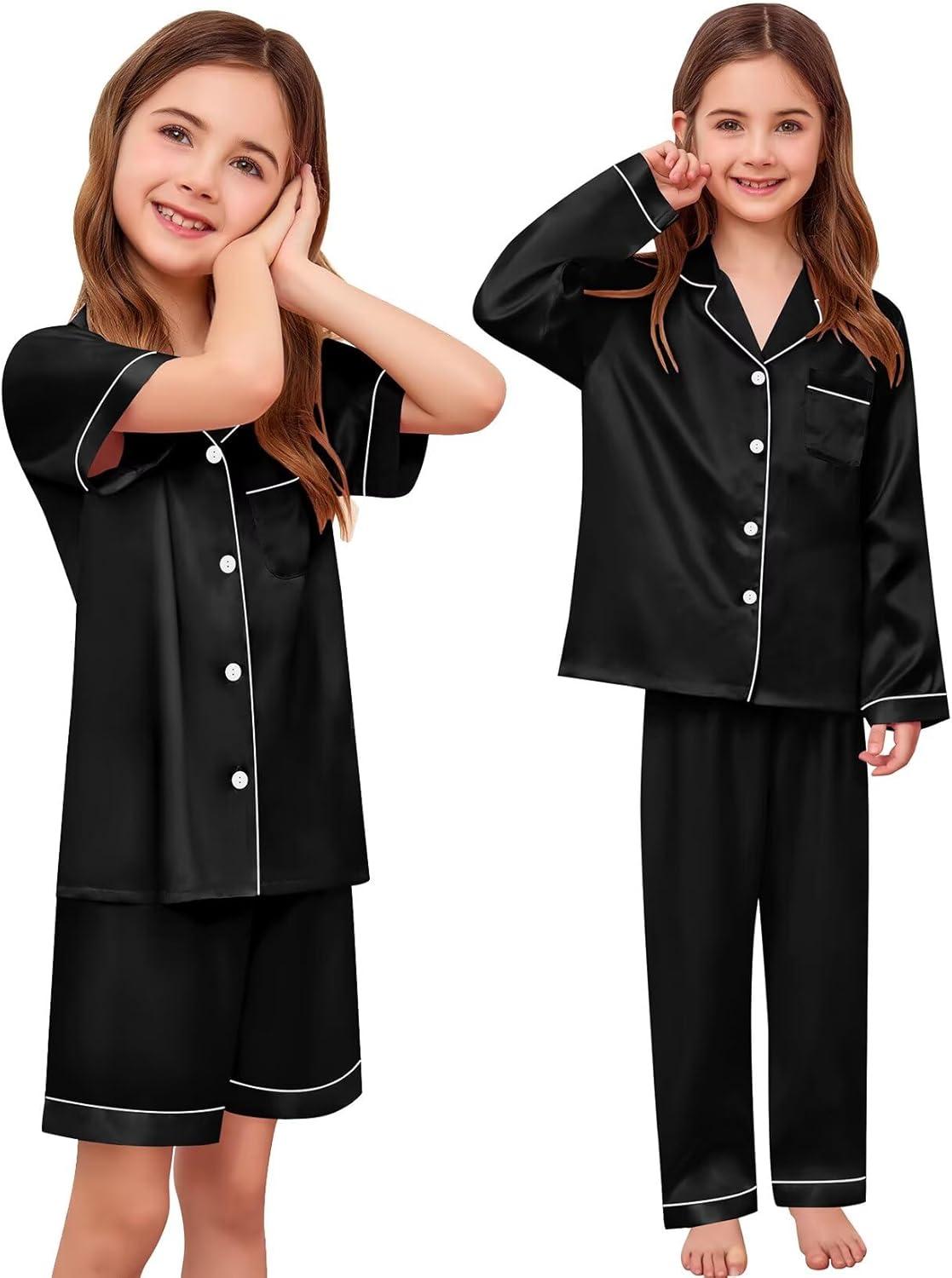 imageSWOMOG 4 pcs Kids Girls Satin Pajamas Set Silk ButtonDown PJs Sets Soft Lounge Sets Long Sleeve Sleepwear4 Pcsblack