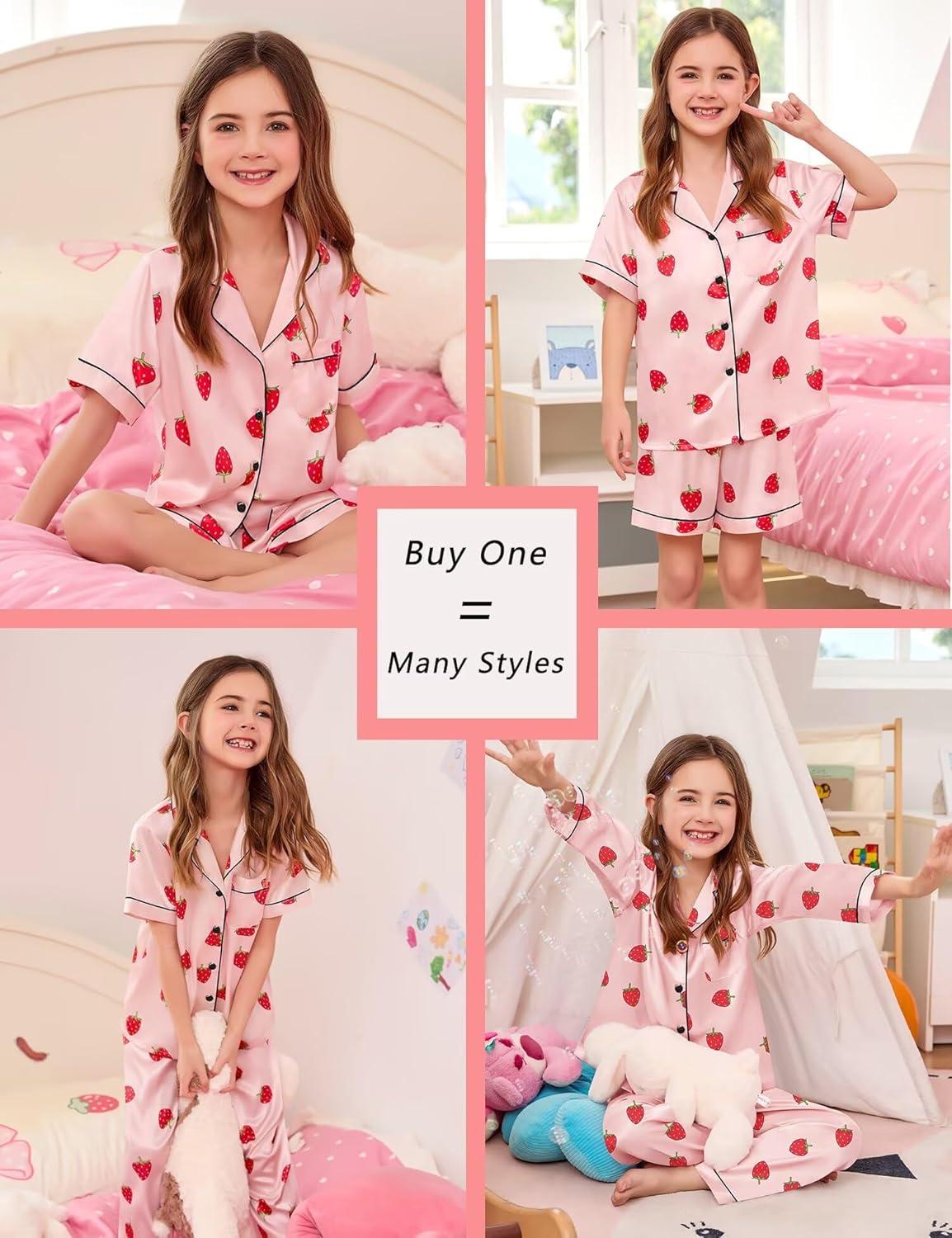 imageSWOMOG 4 pcs Kids Girls Satin Pajamas Set Silk ButtonDown PJs Sets Soft Lounge Sets Long Sleeve Sleepwear4 Pcssakura Pink Strawberry
