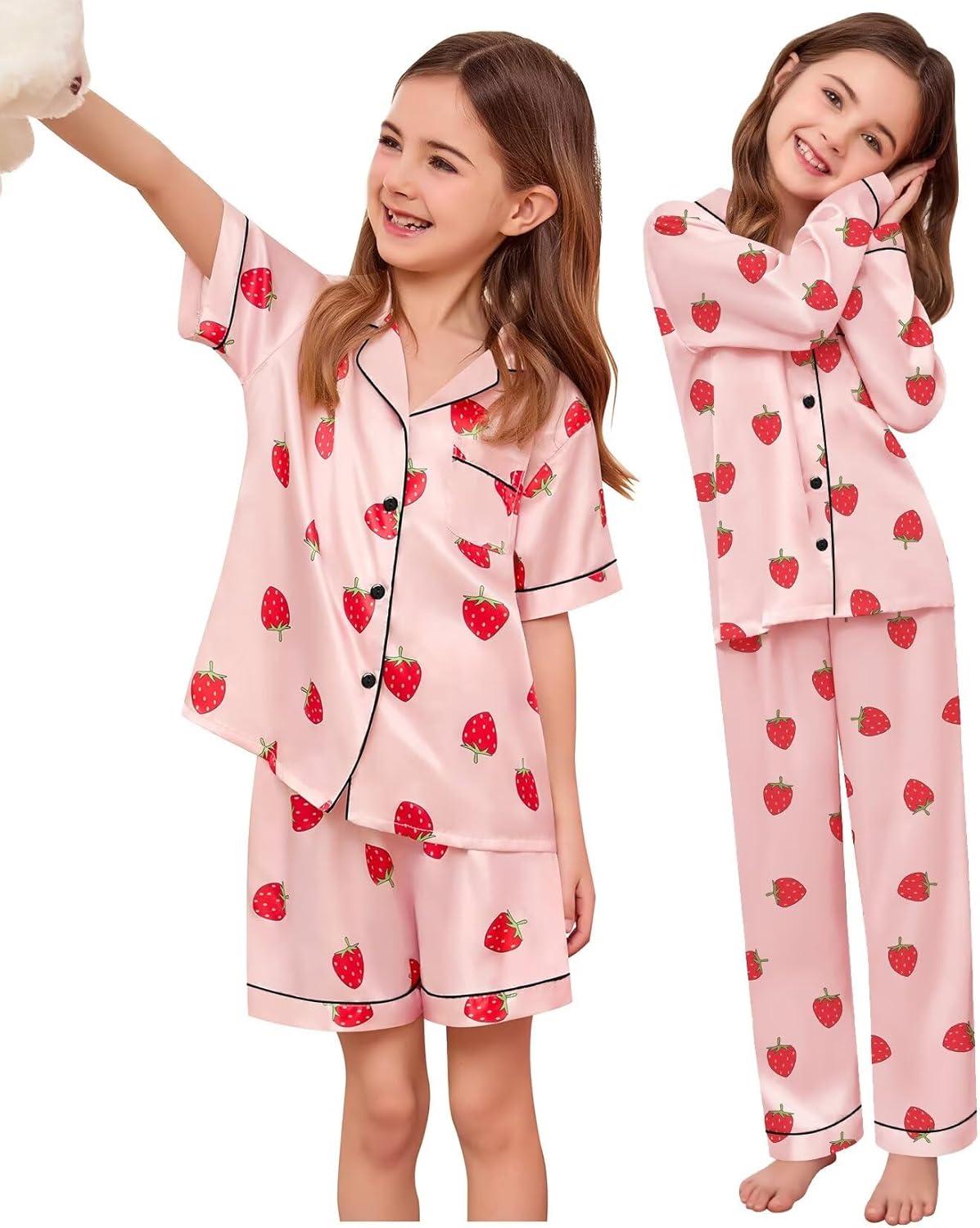 imageSWOMOG 4 pcs Kids Girls Satin Pajamas Set Silk ButtonDown PJs Sets Soft Lounge Sets Long Sleeve Sleepwear4 Pcssakura Pink Strawberry