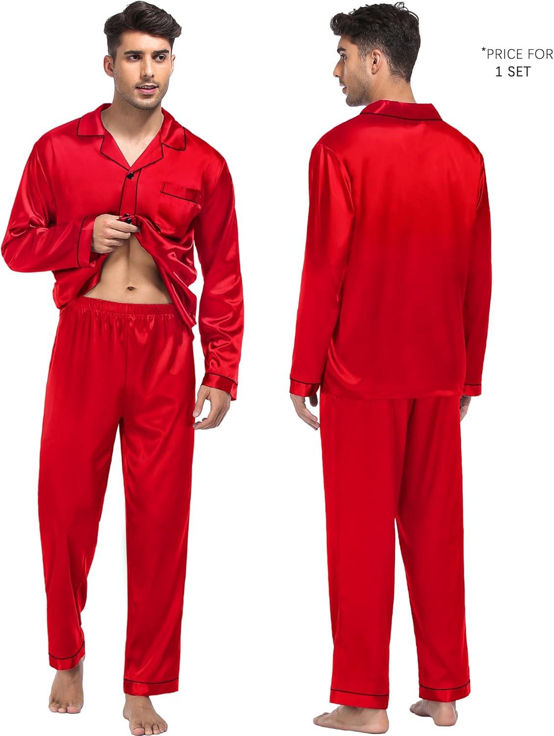 imageSWOMOG Family Matching Pajama Satin Pajamas Long Sleeve Sleepwear Button Down Loungewear 2 Pcs Pj SetCandy Red