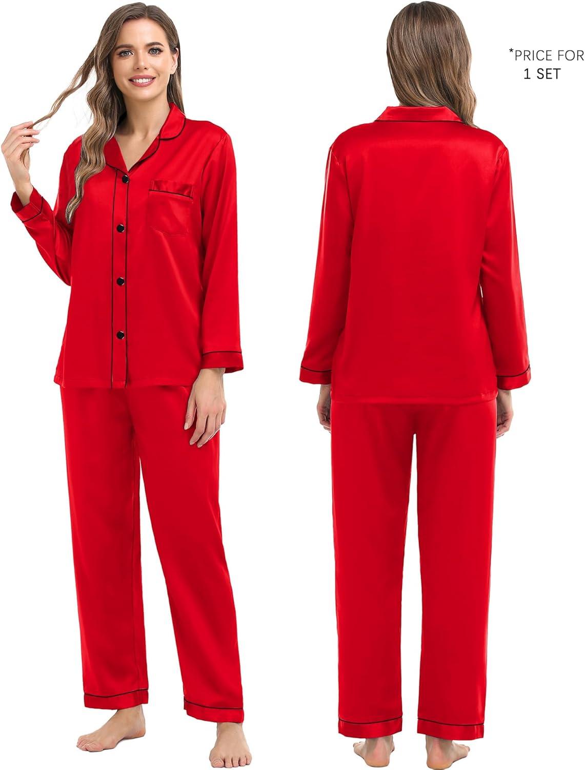 imageSWOMOG Family Matching Pajama Satin Pajamas Long Sleeve Sleepwear Button Down Loungewear 2 Pcs Pj SetCandy Red