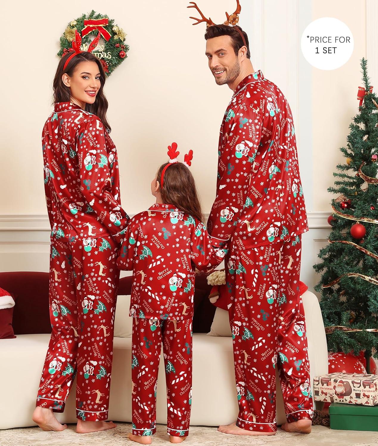imageSWOMOG Family Matching Pajama Satin Pajamas Long Sleeve Sleepwear Button Down Loungewear 2 Pcs Pj SetChristmas Pattern Red