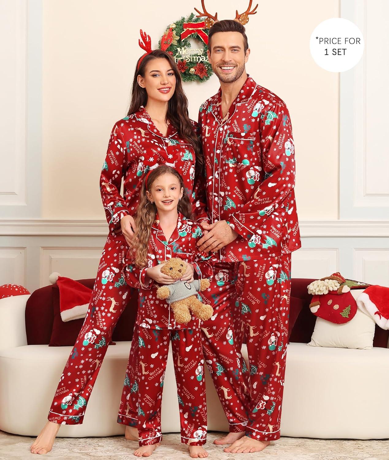 imageSWOMOG Family Matching Pajama Satin Pajamas Long Sleeve Sleepwear Button Down Loungewear 2 Pcs Pj SetChristmas Pattern Red