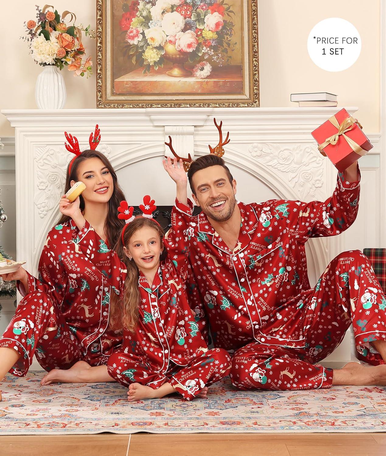 imageSWOMOG Family Matching Pajama Satin Pajamas Long Sleeve Sleepwear Button Down Loungewear 2 Pcs Pj SetChristmas Pattern Red