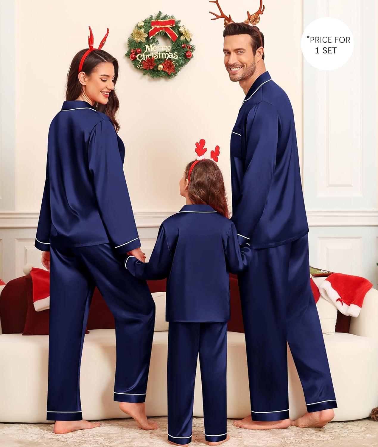 imageSWOMOG Family Matching Pajama Satin Pajamas Long Sleeve Sleepwear Button Down Loungewear 2 Pcs Pj SetDeep Navy Blue