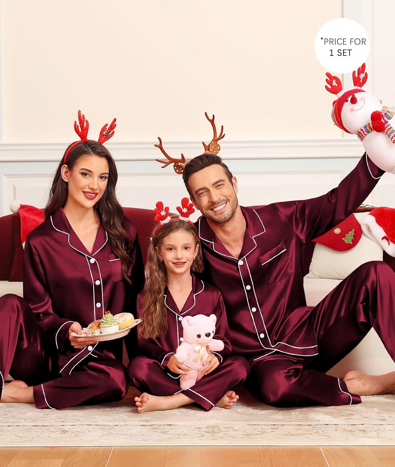imageSWOMOG Family Matching Pajama Satin Pajamas Long Sleeve Sleepwear Button Down Loungewear 2 Pcs Pj SetDeep Wine Red