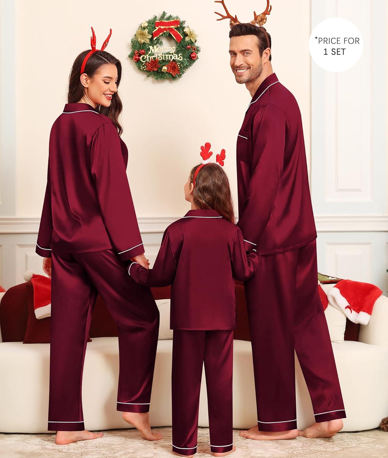 imageSWOMOG Family Matching Pajama Satin Pajamas Long Sleeve Sleepwear Button Down Loungewear 2 Pcs Pj SetDeep Wine Red
