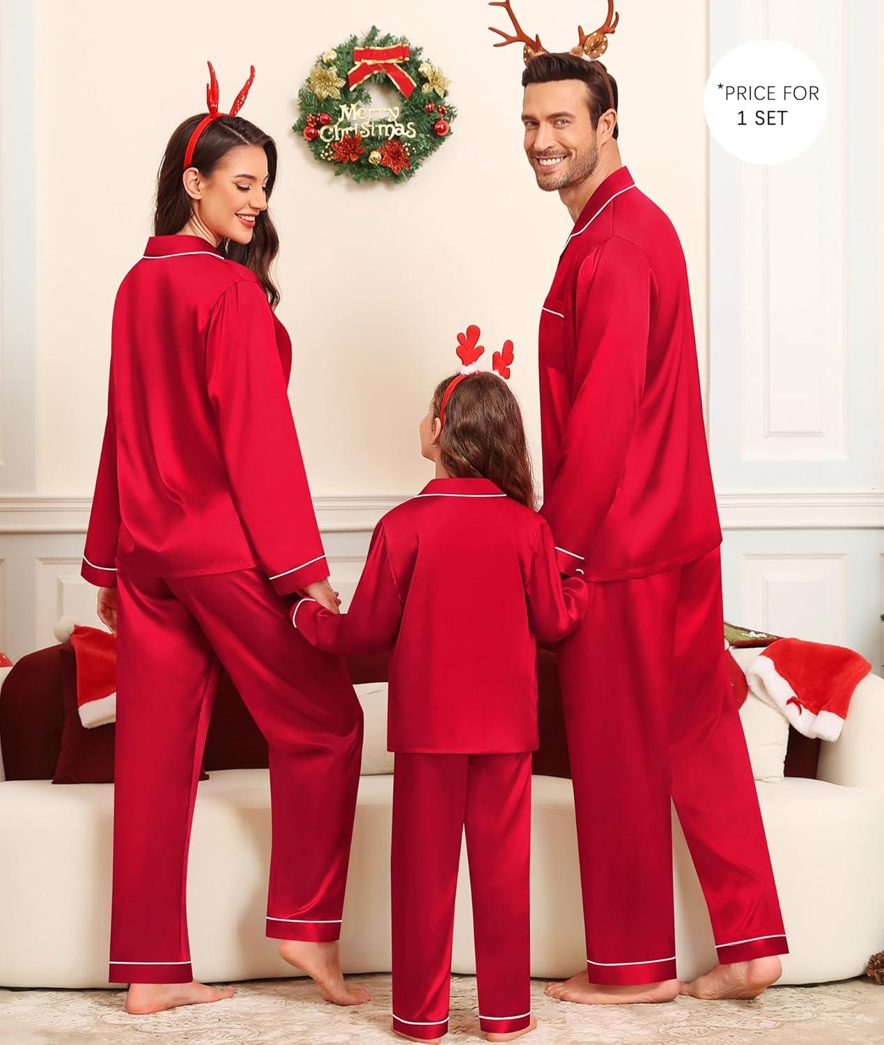 imageSWOMOG Family Matching Pajama Satin Pajamas Long Sleeve Sleepwear Button Down Loungewear 2 Pcs Pj SetRed