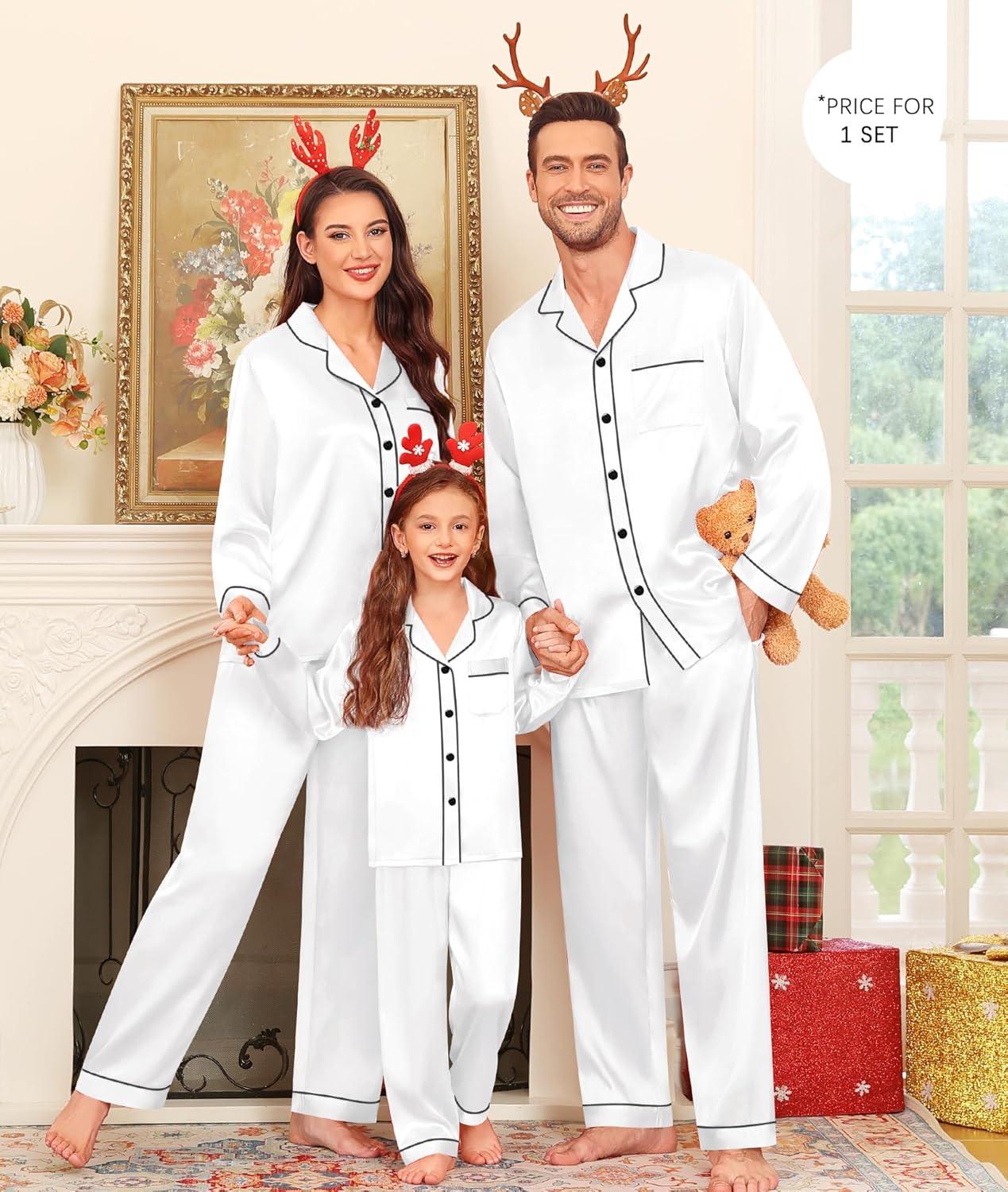 imageSWOMOG Family Matching Pajama Satin Pajamas Long Sleeve Sleepwear Button Down Loungewear 2 Pcs Pj SetWhite