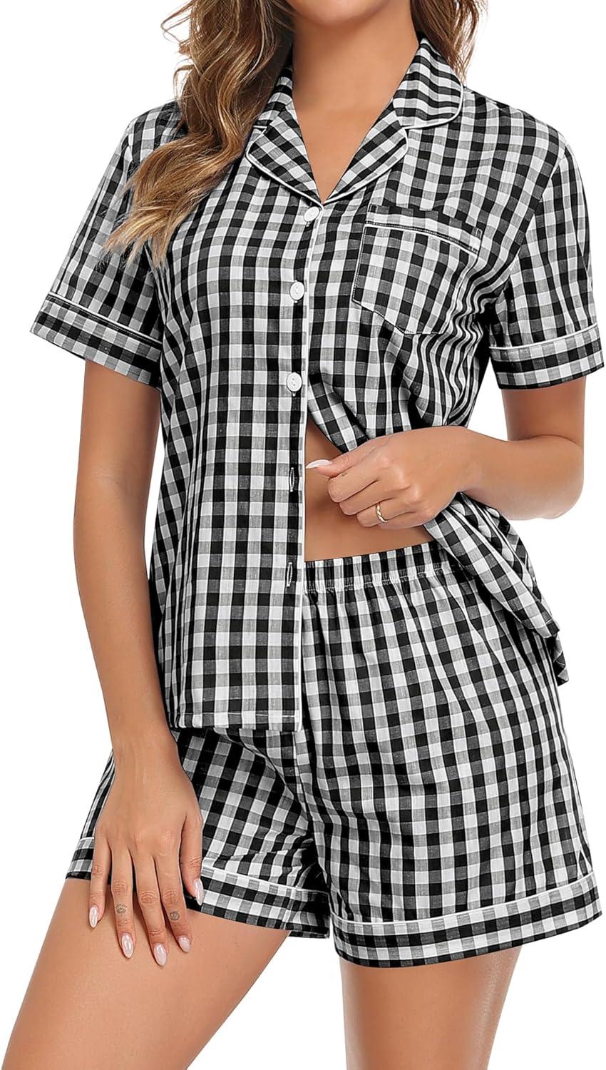 imageSWOMOG Women Plaid Pajama Set 100 Cotton 2 Piece Pjs Set Short Sleeve Gingham Shirts with Shorts Button Down Cute LoungewearBlack Plaid