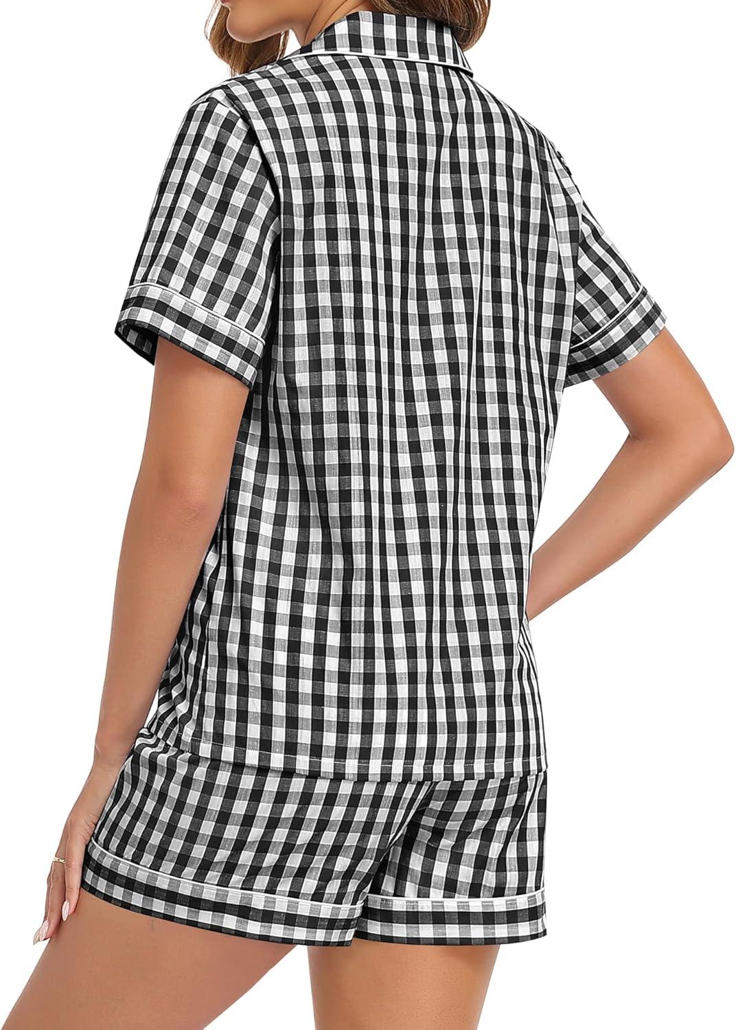 imageSWOMOG Women Plaid Pajama Set 100 Cotton 2 Piece Pjs Set Short Sleeve Gingham Shirts with Shorts Button Down Cute LoungewearBlack Plaid