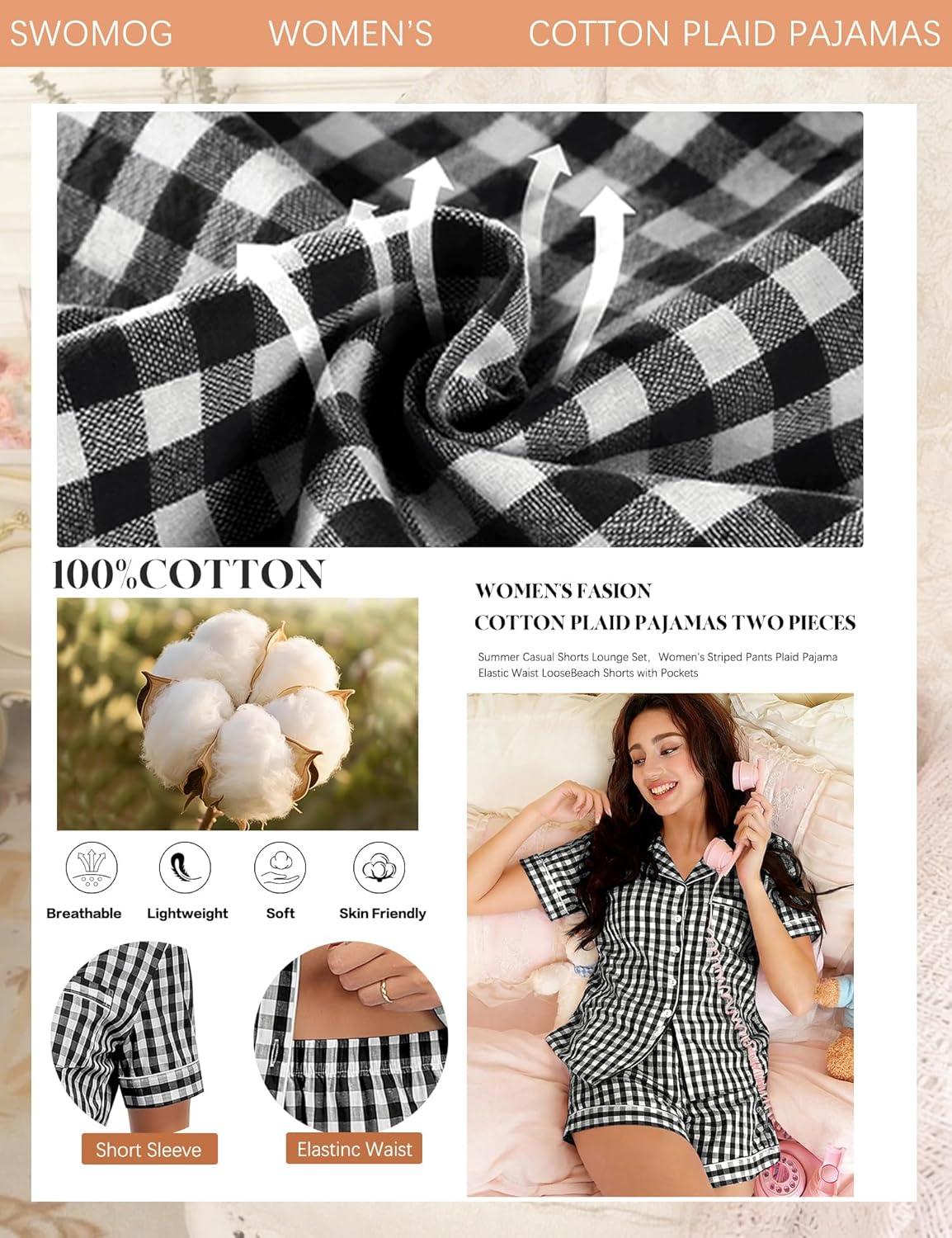 imageSWOMOG Women Plaid Pajama Set 100 Cotton 2 Piece Pjs Set Short Sleeve Gingham Shirts with Shorts Button Down Cute LoungewearBlack Plaid