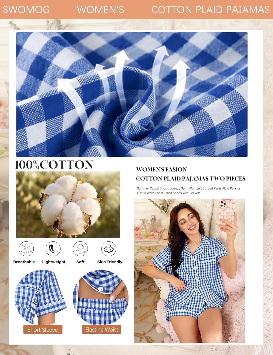 imageSWOMOG Women Plaid Pajama Set 100 Cotton 2 Piece Pjs Set Short Sleeve Gingham Shirts with Shorts Button Down Cute LoungewearBlue Plaid