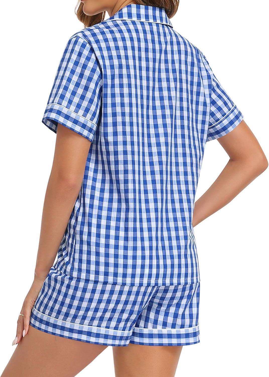 imageSWOMOG Women Plaid Pajama Set 100 Cotton 2 Piece Pjs Set Short Sleeve Gingham Shirts with Shorts Button Down Cute LoungewearBlue Plaid