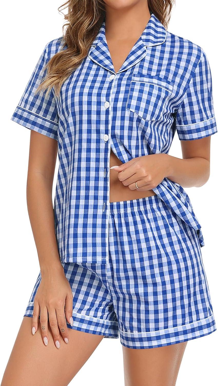 imageSWOMOG Women Plaid Pajama Set 100 Cotton 2 Piece Pjs Set Short Sleeve Gingham Shirts with Shorts Button Down Cute LoungewearBlue Plaid