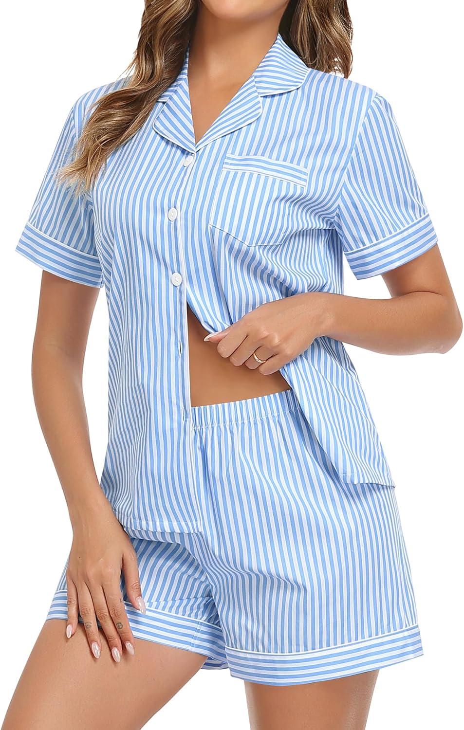 imageSWOMOG Women Plaid Pajama Set 100 Cotton 2 Piece Pjs Set Short Sleeve Gingham Shirts with Shorts Button Down Cute LoungewearBlue Stripes