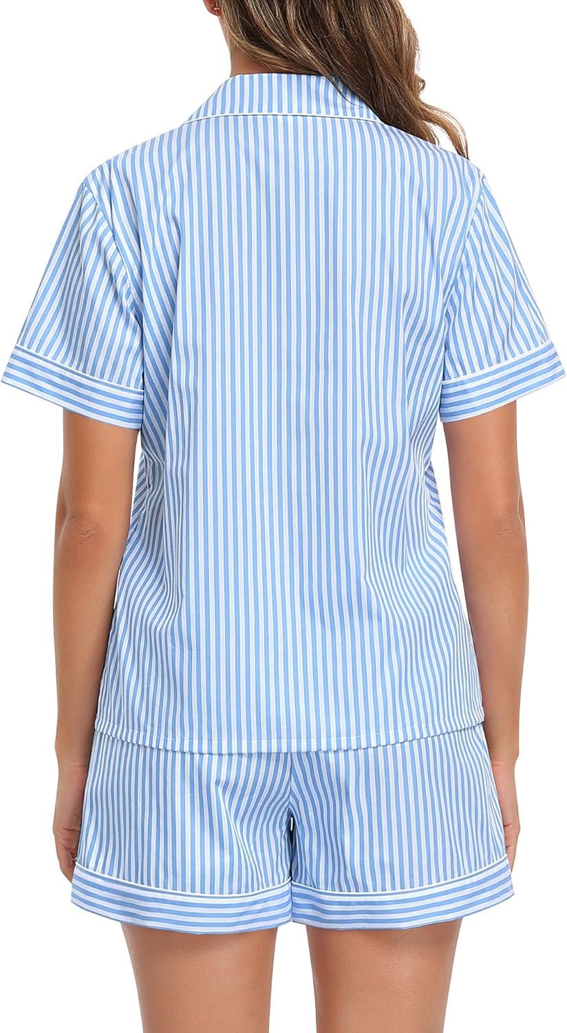 imageSWOMOG Women Plaid Pajama Set 100 Cotton 2 Piece Pjs Set Short Sleeve Gingham Shirts with Shorts Button Down Cute LoungewearBlue Stripes