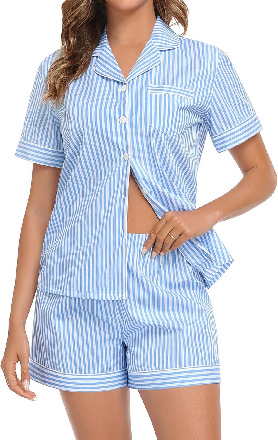 imageSWOMOG Women Plaid Pajama Set 100 Cotton 2 Piece Pjs Set Short Sleeve Gingham Shirts with Shorts Button Down Cute LoungewearBlue Stripes