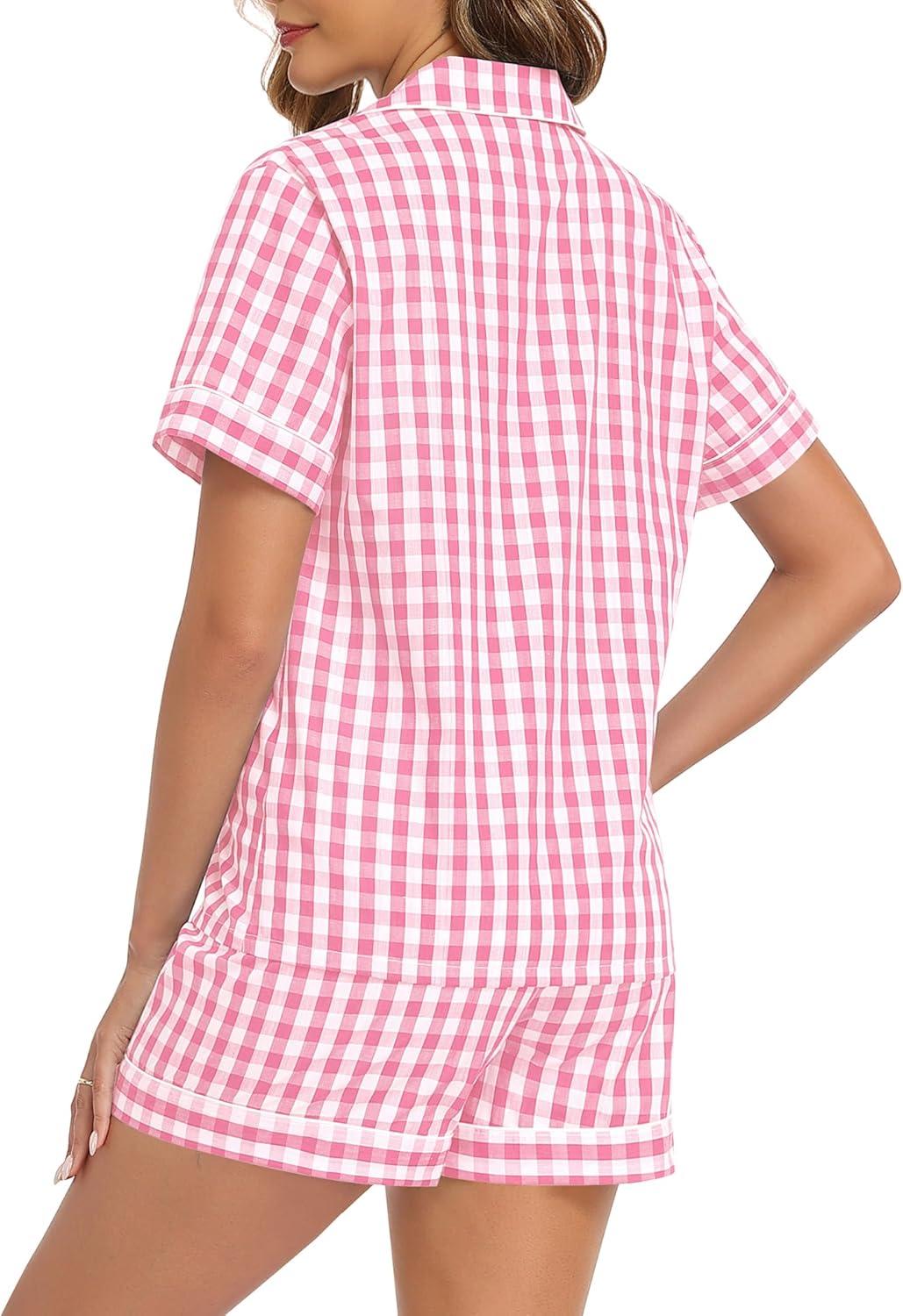 imageSWOMOG Women Plaid Pajama Set 100 Cotton 2 Piece Pjs Set Short Sleeve Gingham Shirts with Shorts Button Down Cute LoungewearPink Plaid