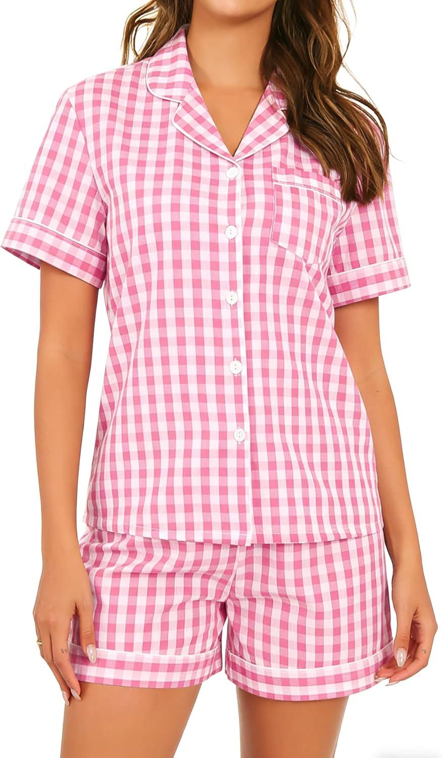 imageSWOMOG Women Plaid Pajama Set 100 Cotton 2 Piece Pjs Set Short Sleeve Gingham Shirts with Shorts Button Down Cute LoungewearPink Plaid