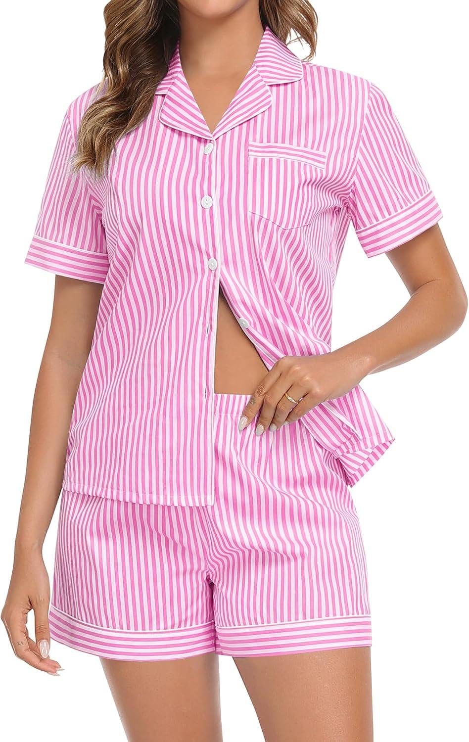 imageSWOMOG Women Plaid Pajama Set 100 Cotton 2 Piece Pjs Set Short Sleeve Gingham Shirts with Shorts Button Down Cute LoungewearPink Stripe
