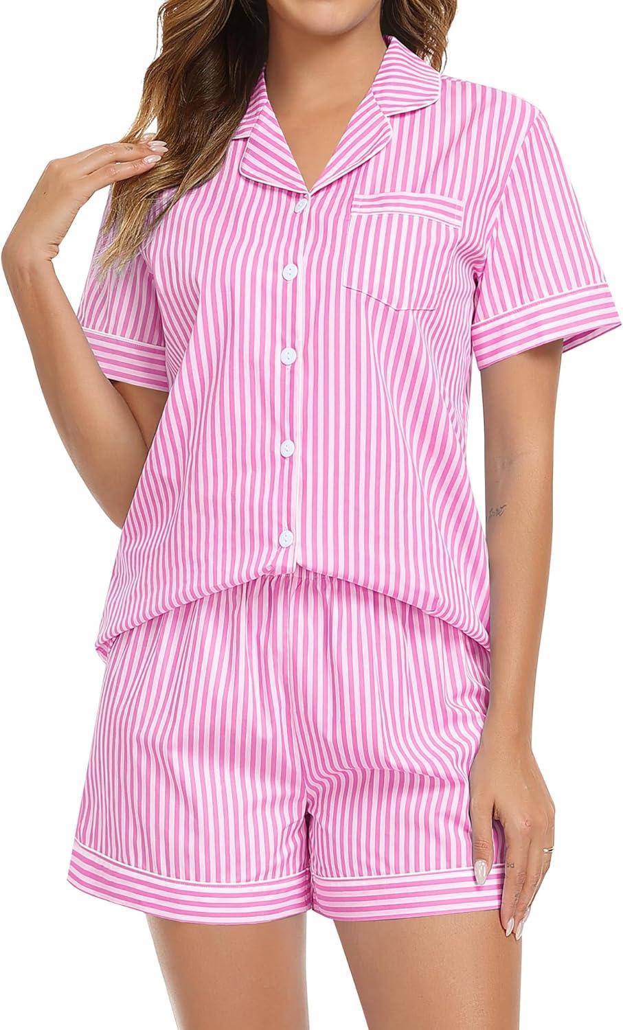 imageSWOMOG Women Plaid Pajama Set 100 Cotton 2 Piece Pjs Set Short Sleeve Gingham Shirts with Shorts Button Down Cute LoungewearPink Stripe