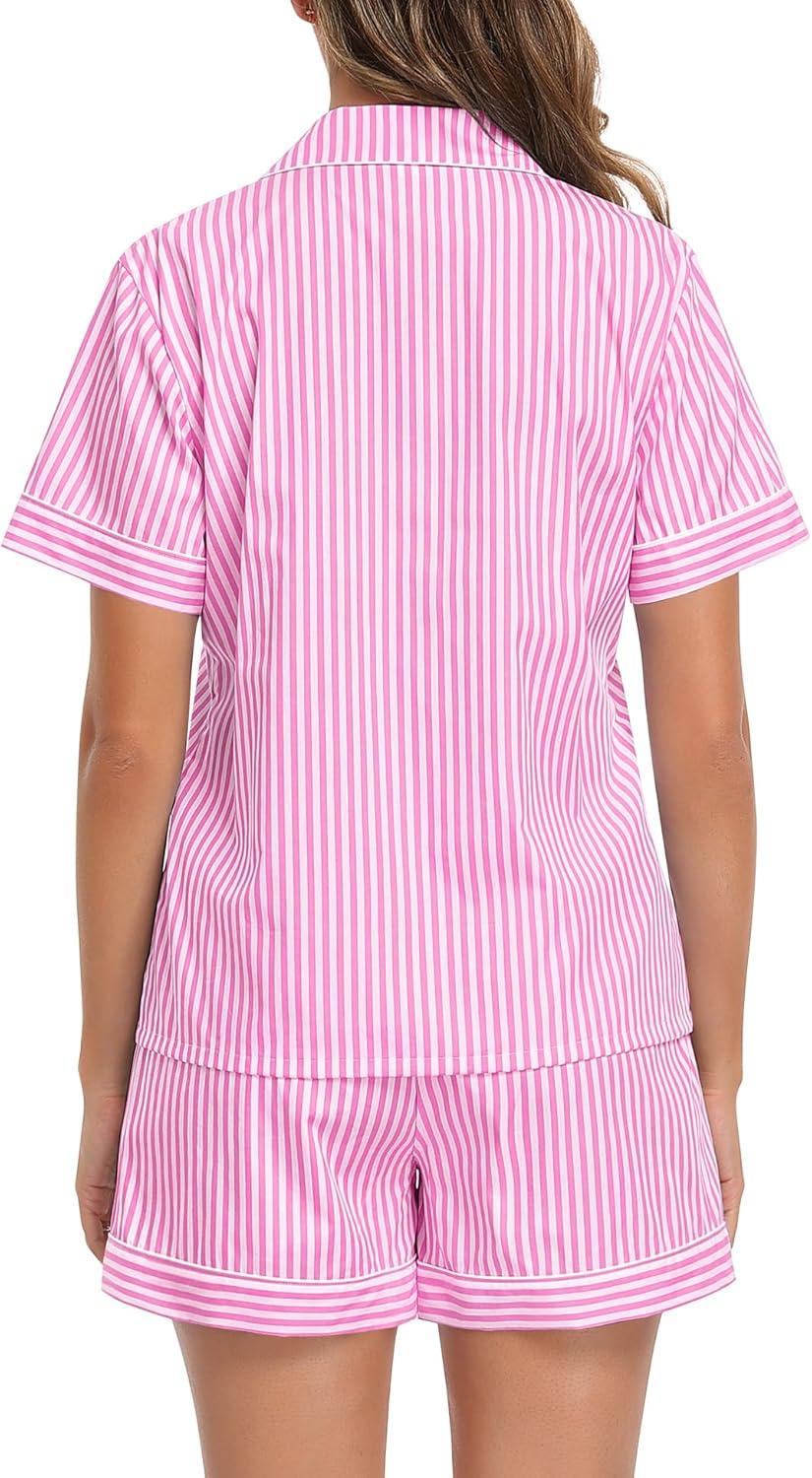 imageSWOMOG Women Plaid Pajama Set 100 Cotton 2 Piece Pjs Set Short Sleeve Gingham Shirts with Shorts Button Down Cute LoungewearPink Stripe