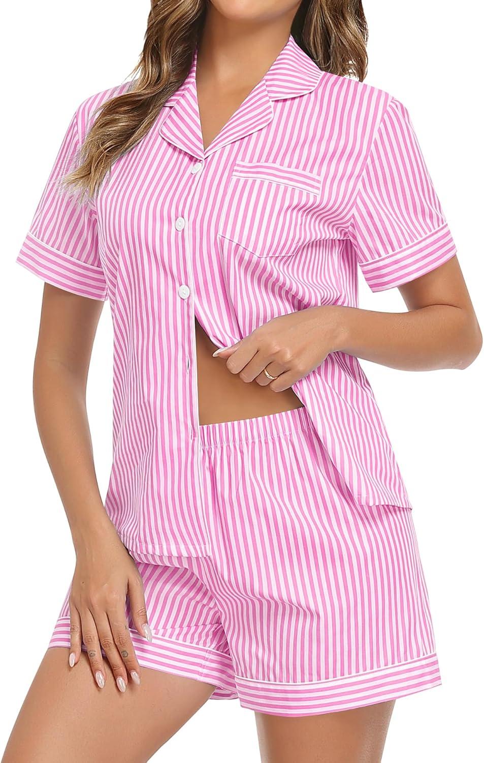 imageSWOMOG Women Plaid Pajama Set 100 Cotton 2 Piece Pjs Set Short Sleeve Gingham Shirts with Shorts Button Down Cute LoungewearPink Stripe