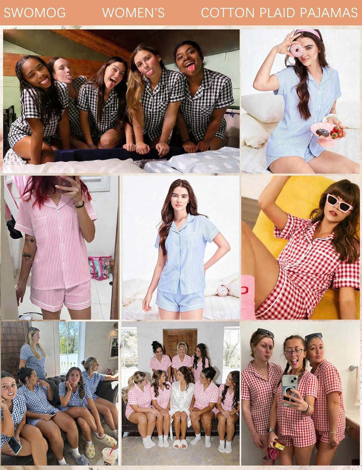 imageSWOMOG Women Plaid Pajama Set 100 Cotton 2 Piece Pjs Set Short Sleeve Gingham Shirts with Shorts Button Down Cute LoungewearPink Stripe
