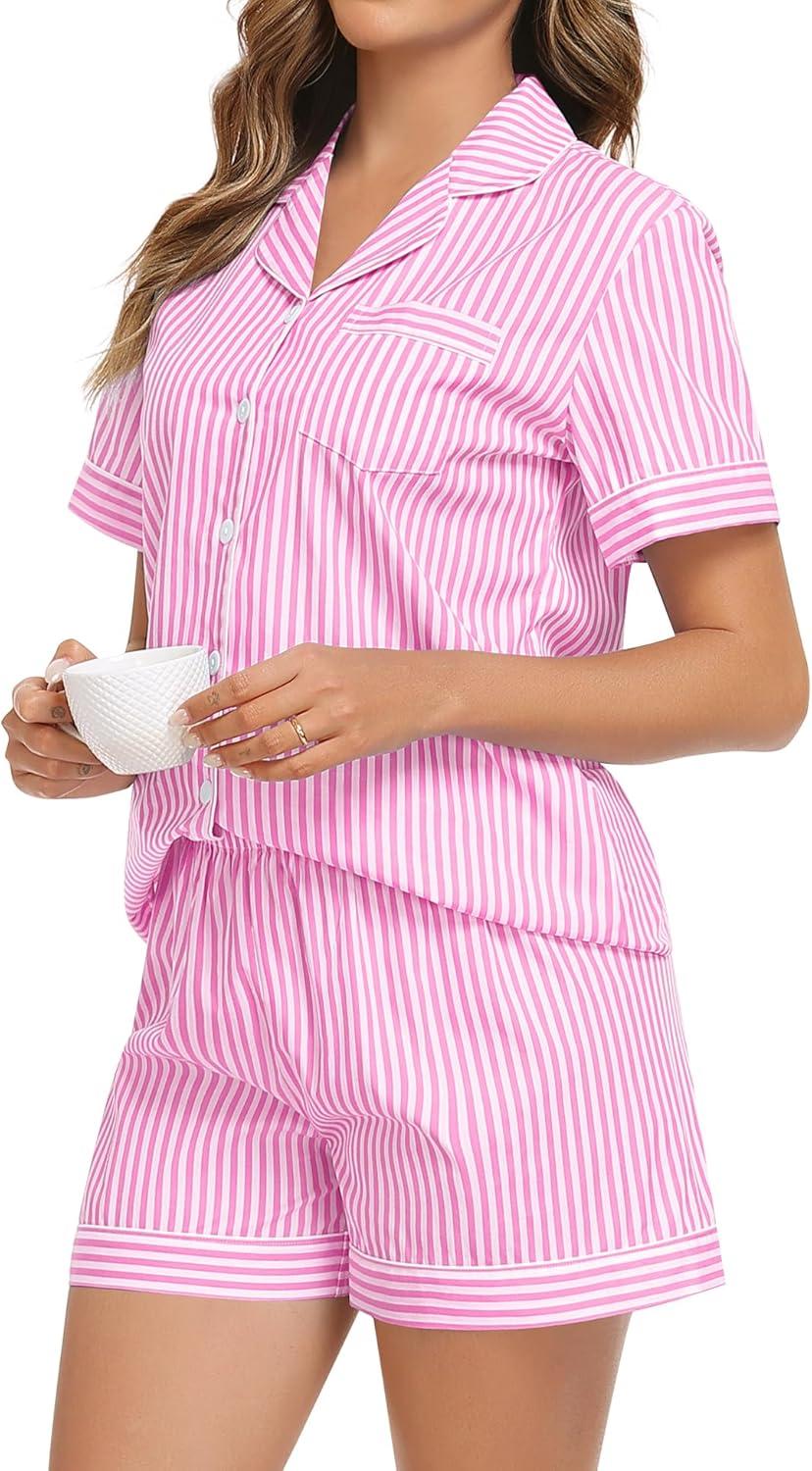 imageSWOMOG Women Plaid Pajama Set 100 Cotton 2 Piece Pjs Set Short Sleeve Gingham Shirts with Shorts Button Down Cute LoungewearPink Stripe