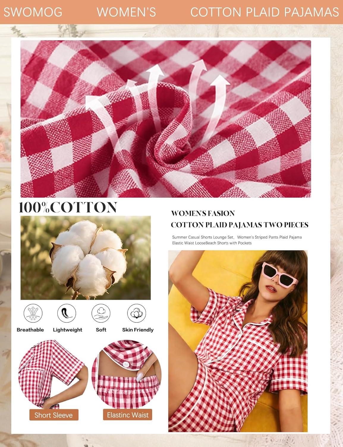 imageSWOMOG Women Plaid Pajama Set 100 Cotton 2 Piece Pjs Set Short Sleeve Gingham Shirts with Shorts Button Down Cute LoungewearRed Plaid