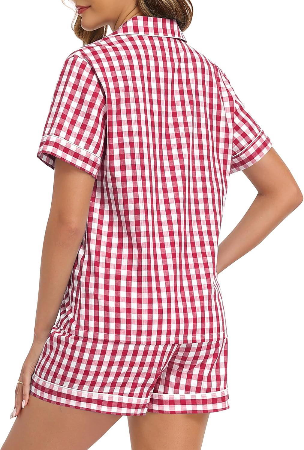 imageSWOMOG Women Plaid Pajama Set 100 Cotton 2 Piece Pjs Set Short Sleeve Gingham Shirts with Shorts Button Down Cute LoungewearRed Plaid