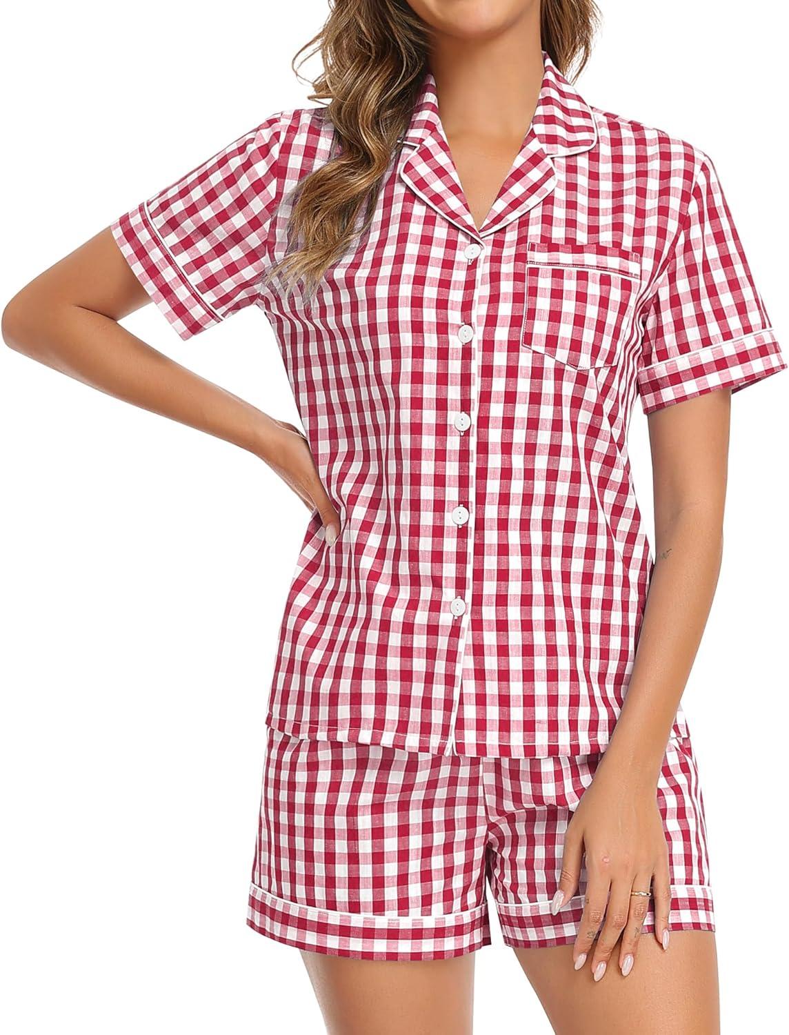 imageSWOMOG Women Plaid Pajama Set 100 Cotton 2 Piece Pjs Set Short Sleeve Gingham Shirts with Shorts Button Down Cute LoungewearRed Plaid