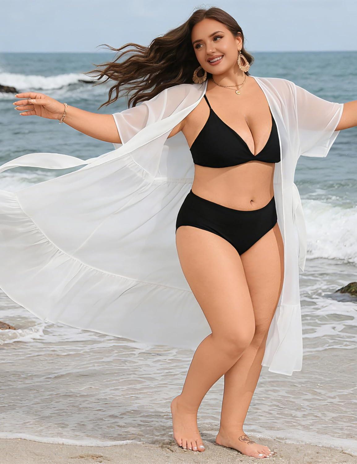 imageSWOMOG Women Plus Size Cover Up Swimsuit Chiffon Short Sleeve Sexy Open Front Bathing Suit Beach Bikini Summer BeachwearWhite