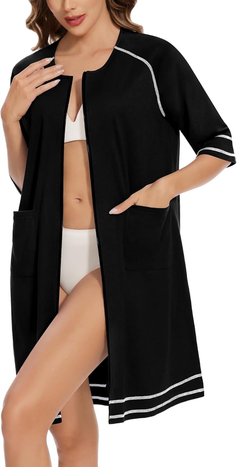 imageSWOMOG Women Zip Up Robe 34 Sleeve Housecoat Soft Cotton Zipper Front Nightgown Loungewear with PocketsZblack
