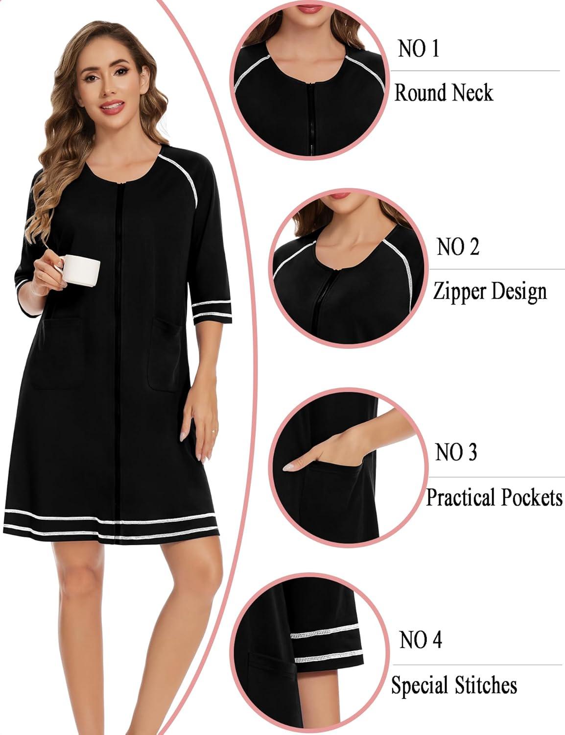 imageSWOMOG Women Zip Up Robe 34 Sleeve Housecoat Soft Cotton Zipper Front Nightgown Loungewear with PocketsZblack
