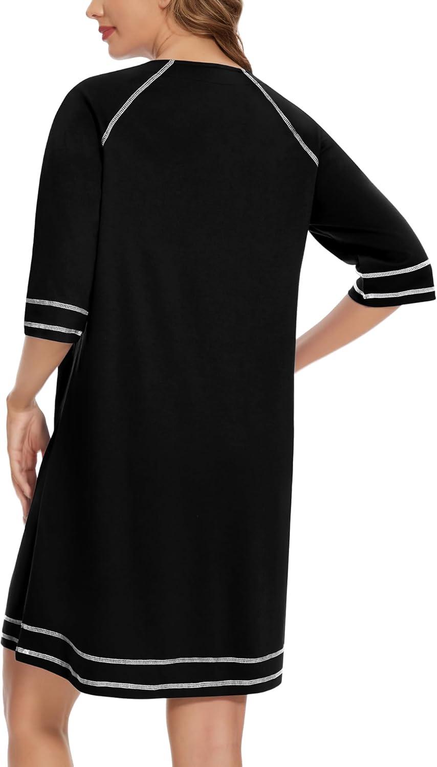imageSWOMOG Women Zip Up Robe 34 Sleeve Housecoat Soft Cotton Zipper Front Nightgown Loungewear with PocketsZblack