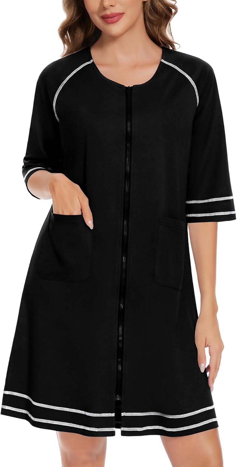 imageSWOMOG Women Zip Up Robe 34 Sleeve Housecoat Soft Cotton Zipper Front Nightgown Loungewear with PocketsZblack